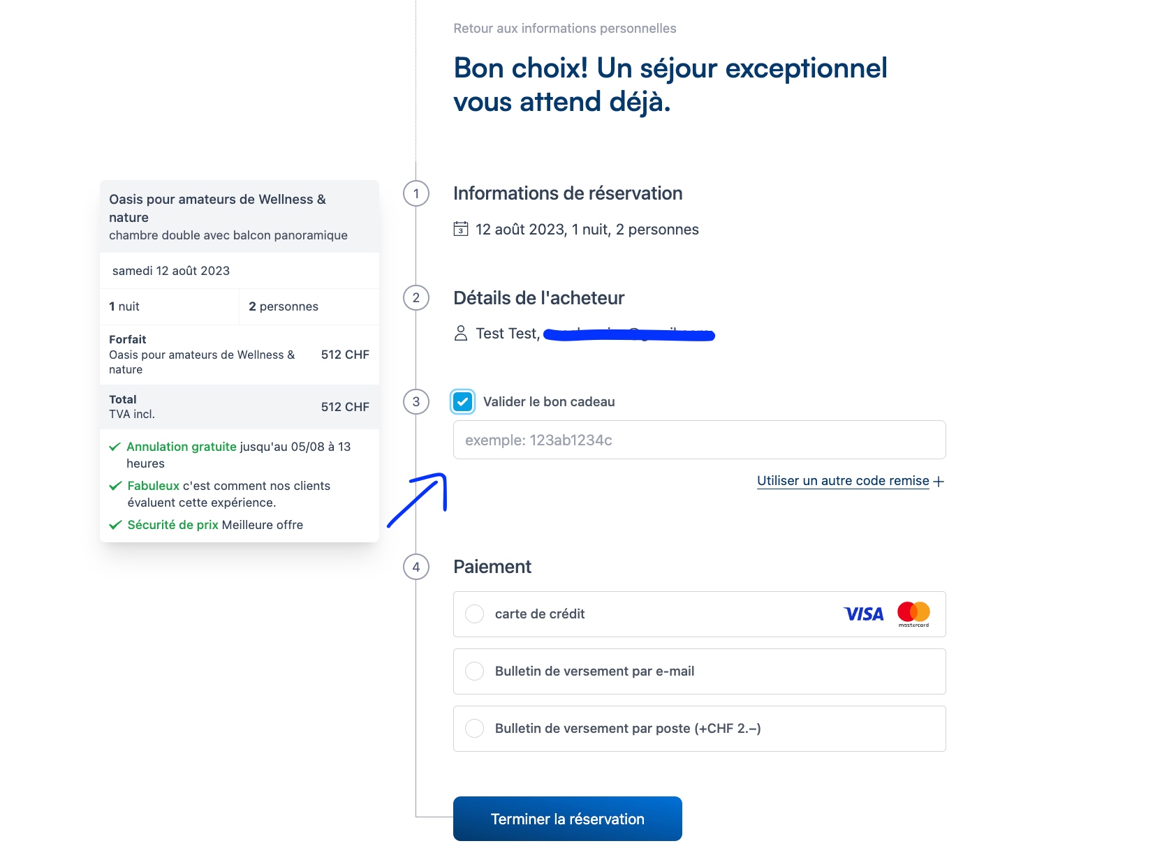 Image d'une finition de réservation comme exemple